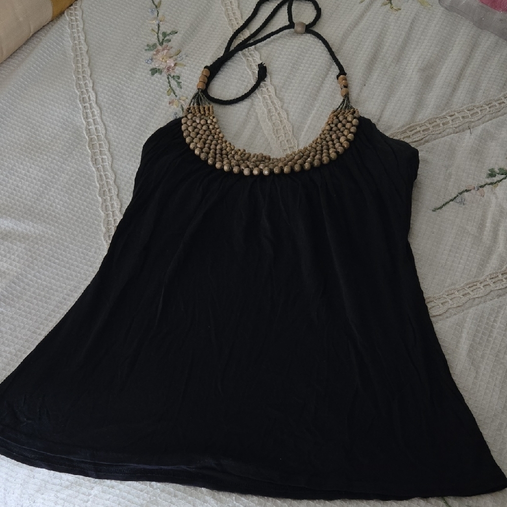 Crown Of Hearts Black and Wood Bead Embellished Halter Top